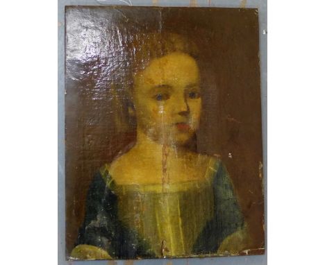 Head and shoulders portrait of a 'Young Girl', oil on canvas laid down on board (a/f), 28 x 36cm