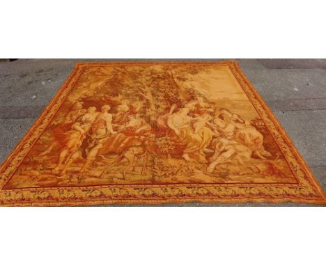A wall tapestry depicting classical figures in a garden landscape with hounds 320 x 320cm 