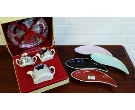 A vintage ceramic and chrome covered breakfast set comprising teapot, milk jug, sugar bowl and silver plated tray, boxed, tog