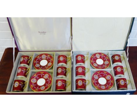 Two Aynsley bone china sets of six 'Versaille' patterned coffee cans and saucers
