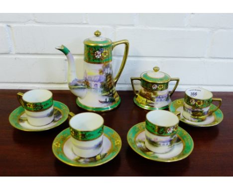 A Noritake coffee set painted with riverside landscape, comprising coffee pot, twin handled sugar bowl, four cups and six sau