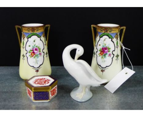 A pair of Noritake porcelain vases, a Lladro Duck and a small Royal Crown Derby 'Imari' patterned hexagonal pot and cover, (4