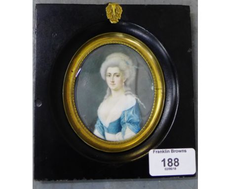 Mme. De.Combalet Oval portrait miniature, signed Baudains, 7 x 8cm