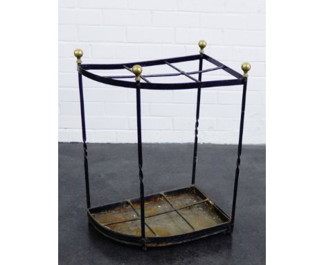 A black painted metal stick stand with brass sphere finials and six divisions 68 x 48cm