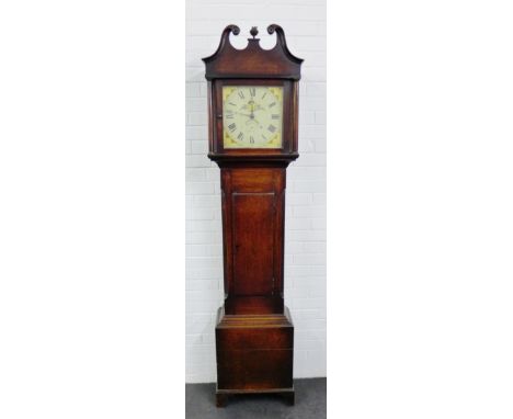 An oak cased Grandfather clock, the swan neck top over a painted dial with Roman numerals and date aperture,  with plain trun