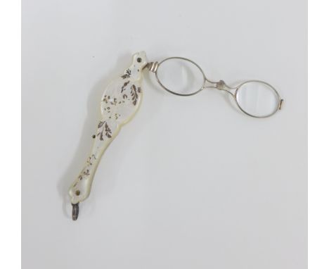 Early 20th century inlaid mother of pearl lorgnettes, 12cm long 