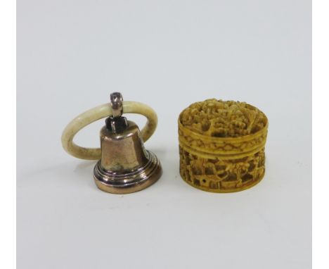 Late Victorian miniature silver bell with a bone loop handle, Birmingham 1900, 3.5cm excluding handle, together with an early