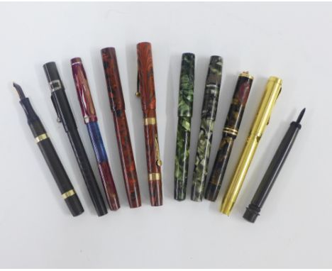 Ten various vintage fountain pens, Swan Mabie Todd, Waterman's Ideal and Conklin, etc , some with gold nibs, (a/f) (10) 