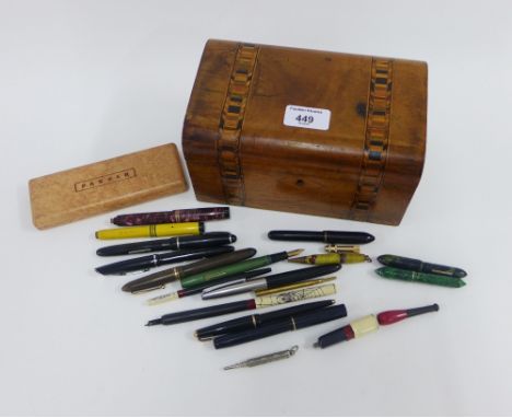 Burrwood box containing a quantity of vintage fountain pens and pencils, etc (a lot) 