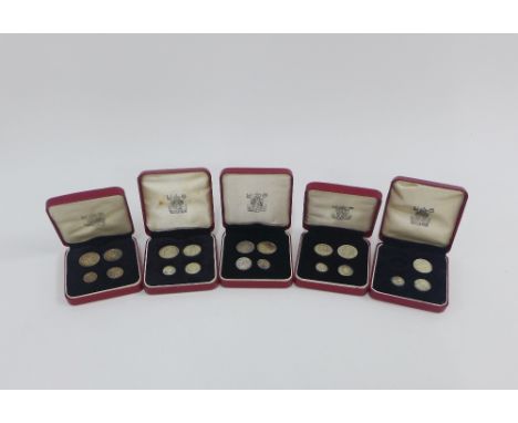 Maundy Money boxed sets for 1955, 1956, 1957, 1958, 1959 in red leather issue boxes, the set for 1956 is missing the 4d coin 