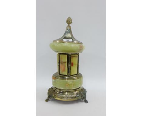 Vintage green hardstone Pagoda cigarette dispenser with musical action, 25cm high 