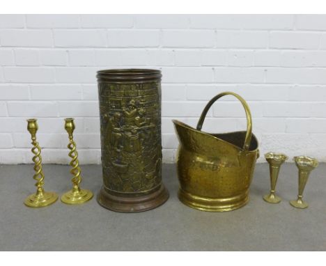 A collection of brass wares to include a coal bucket, stick stand and candlesticks, etc (a lot) 