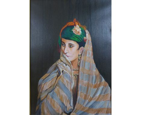 Contemporary School, 'head and shoulders portrait of a Middle Eastern Woman' oil on canvas, apparently unsigned, framed, 48 x