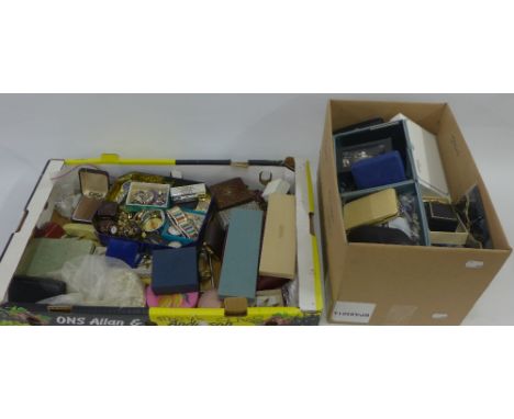 Two cartons containing a quantity of vintage and later costume jewellery, cuff links, trinket boxes, etc (a lot) 