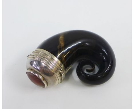 Scottish horn snuff mull, silver mounted with an agate dome top and with a crested cartouche to front inscribed ' J. Soutter'