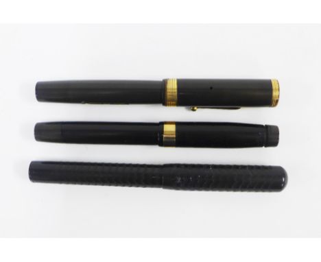 Three oversized vintage fountain pens to include an Onoto - Magna with a 14ct gold nib and 9ct gold collar, Swan No.8 lever f
