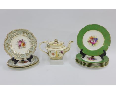 Set of three English porcelain plates, Davenport teapot and a set of six Royal Worcester porcelain plates, pattern 1194 signe