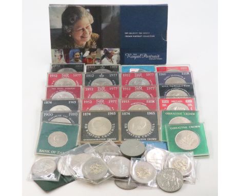 A large collection of UK commemorative crowns, most in cases, with a QEII Crown Portrait set. UK P&amp;P Group 2 (£20+VAT for