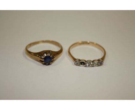 A 9CT GOLD FIVE STONE RING A.F TOGETHER WITH ANOTHER SIMPLE BLUE STONE 