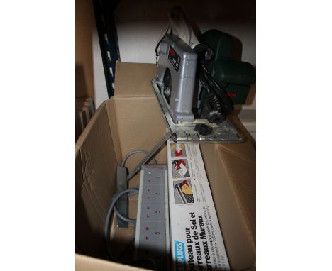 A BOX OF TOOLS TO INCLUDE AN ELECTRIC CIRCULAR SAW ETC