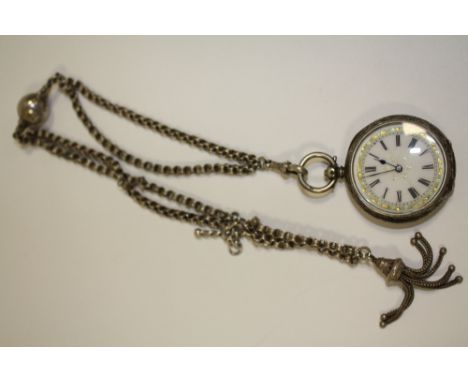 A VINTAGE SILVER FOB WATCH ON ALBERTINA CHAIN 