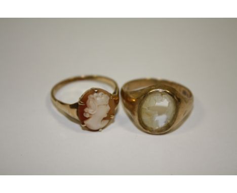 A 9CT GOLD CAMEO RING TOGETHER WITH ANOTHER A/F 