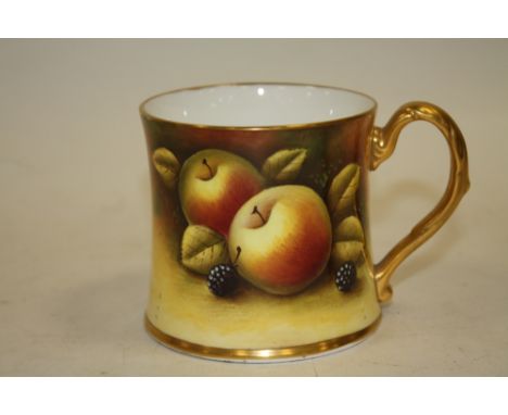 A VINTAGE COALPORT HAND PAINTED FRUIT PATTERN MUG SIGNED HIGHAM;