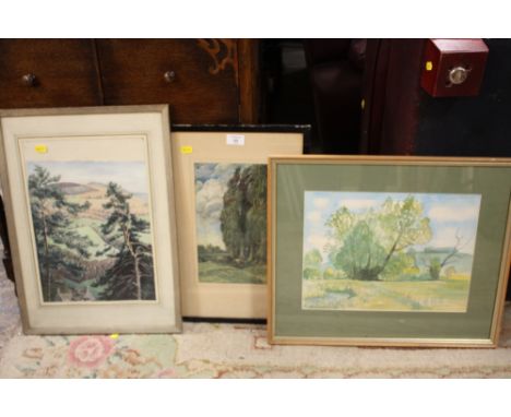A FRAMED AND GLAZED VINTAGE WATERCOLOUR ON PAPER DEPICTING MOUNTAINOUS LANDSCAPE WITH TREES IN FOREGROUND TOGETHER WITH A WAT