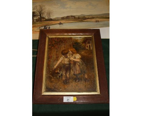 A VINTAGE OAK FRAMED WATERCOLOUR DEPICTING CHILDREN POSSIBLY OVER PRINT BASE 