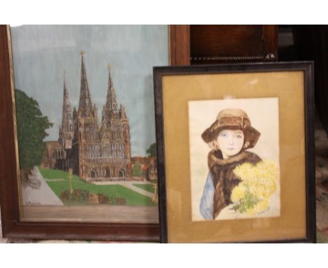 AN UNUSUAL FRAMED AND GLAZED MIX MEDIA STUDY OF A CHURCH SIGNED A REYNOLDS TOGETHER WITH A FRAMED AND GLAZED WATERCOLOUR PORT