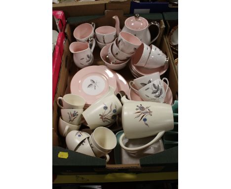 A TRAY OF QUEEN ANNE HARVEST PINK CHINA, POOLE CHINA ETC