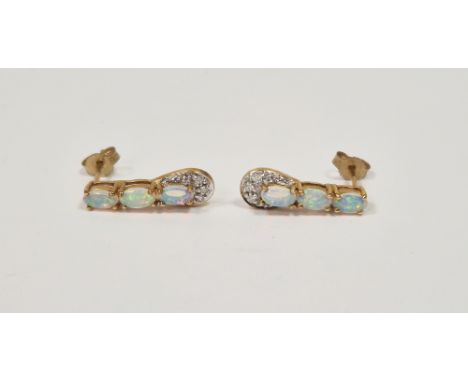 Pair gold-coloured metal, opal and diamond earrings set three oval opals and small diamonds&nbsp;