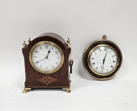 Early 20th century arch topped mantel clock with brass urn finials and inlaid decoration, 17cm high and a small circular wall