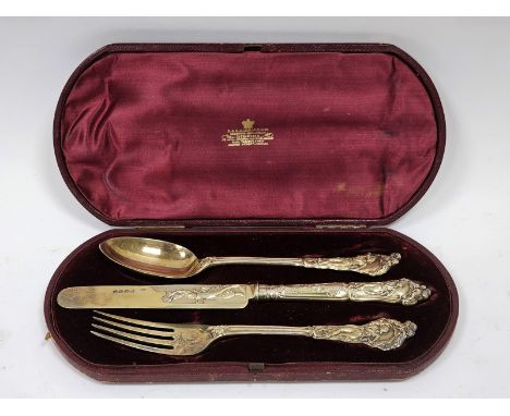 Victorian silver gilt christening set of royal interest, by Chawner & Co, London 1856/57, comprising dessert spoon and fork a