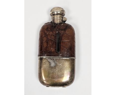 Late Victorian silver, glass and crocodile leather covered hip flask&nbsp;with screw top, the removable silver base with gilt