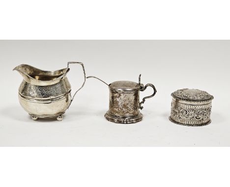 George III silver cream jug, marks rubbed, of shaped oval form engraved with a band of flowers, on four ball feet, 11cm high 