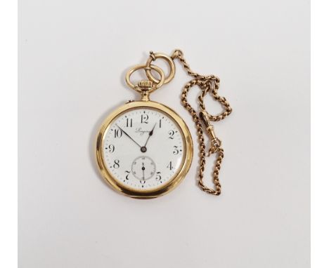 18ct gold cased open-face Longines pocket watch, the enamel dial having Arabic hour markers with seconds subsidiary dial at t