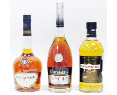 Bottle of Remy Martin VSOP limited edition by Vincent Levoy, one of Courvoisier VS Cognac&nbsp;and a bottle of Drambuie lique