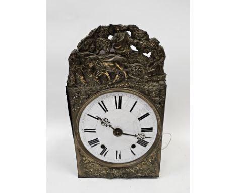 19th century French comtoise clock, the white enamel convex dial with roman numerals surrounded by repousse brass frame toppe