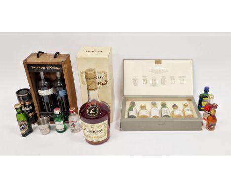 Boxed bottle of Hennessy VS Cognac, a presentation box of 2 x 25cl Warre's Optima port, six miniature malt whisky in box and 