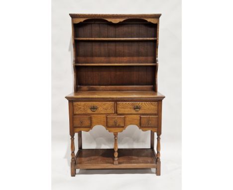 Oak Welsh dresser&nbsp;with three-tier platerack over five drawers of various sizes, over a further storage shelf, 176cm high