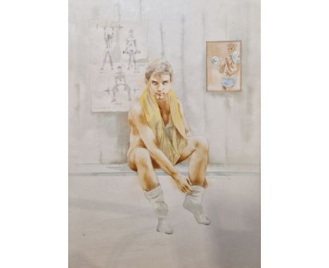 Myles Antony (Irish, 20th century) Watercolour "Hank" portrait of a male wearing American football pads, signed and dated '86