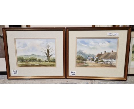 Barry Miles Watercolour drawing  Village scene with Tudor thatched cottages and a pub, another by the same artist, landscape 