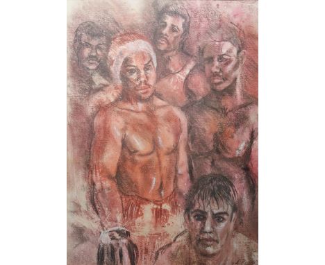 Derrick Russell (20th century) Mixed media Portrait of boxers, signed lower right, framed and glazed, 65cm x 47.5cm