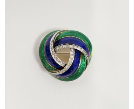 18ct gold, diamond and enamel twist brooch&nbsp;having bands of blue and emerald green enamel, with three inner bands of grad