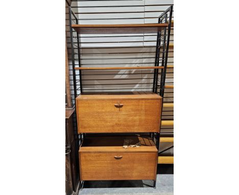 Vintage Ladderax shelving unit&nbsp;comprising two black painted metal frames, two shelves and two cabinets, 200cm high x 94c