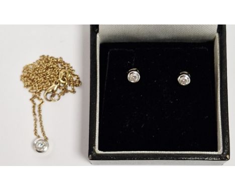 18ct gold chain with white and yellow gold solitaire diamond collet set and pair solitaire diamond earrings, each collet set 