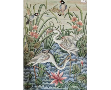 DW made Muktika (Pengosekan school, Bali) Inks/acrylic on canvas Herons amongst reeds, signed lower right, framed and glazed,