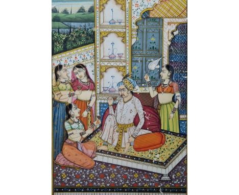 Mohansoni?? late 19th/early 20th century Indian Mughal school Gouache Interior scene with figures, signed lower right, framed