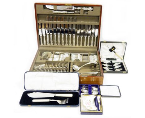 Collection of cased flatware, including grapefruit spoons, teaspoons, fish servers, a canteen of Mappin &amp; Webb cutlery fo